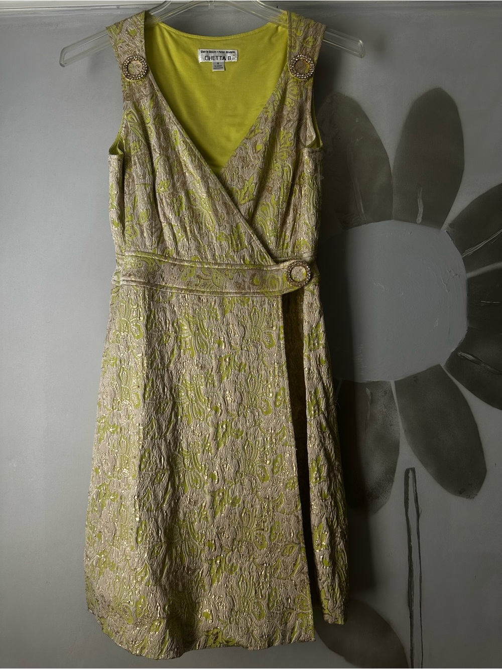 Chetta B Lime Green and Cream Brocade Midi Wrap Dress with Jeweled Accents